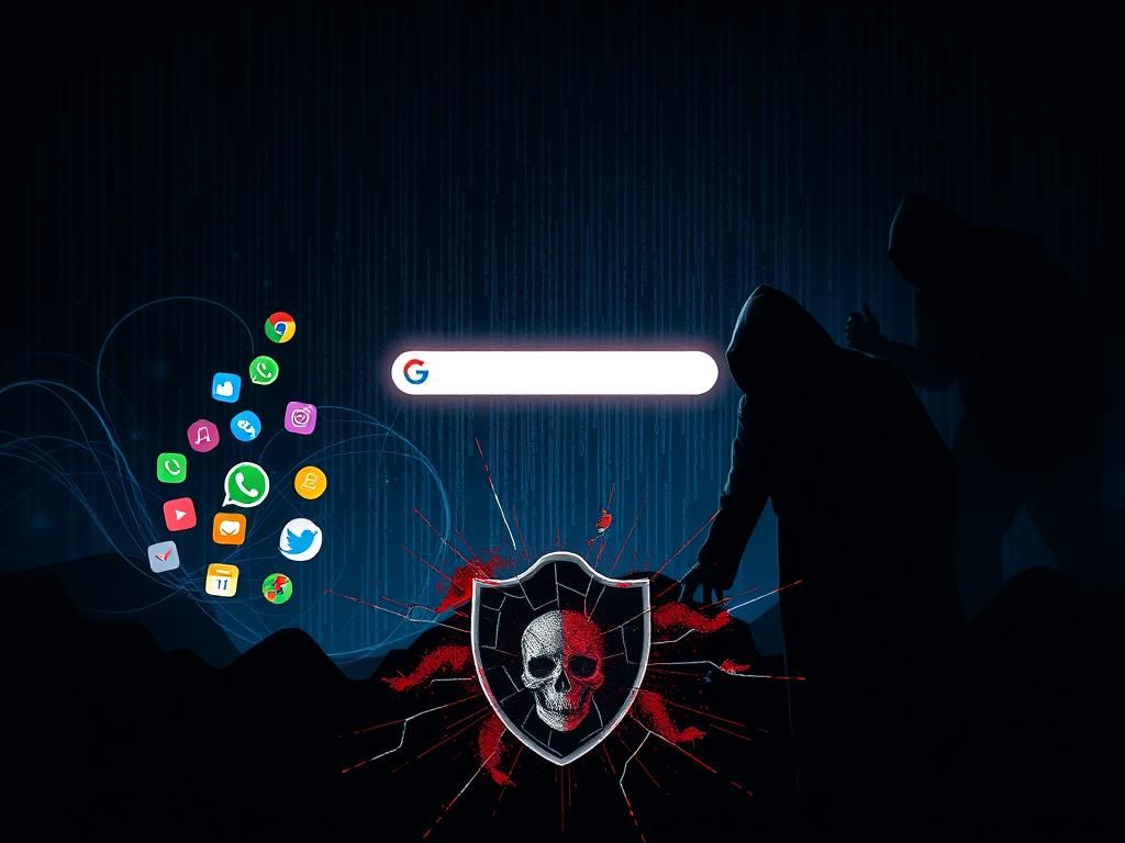 Flick International A dimly lit cyber landscape featuring a glowing Google search bar surrounded by chaotic code and malware symbols.