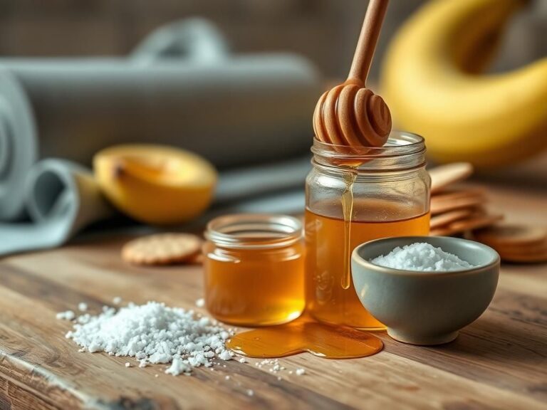 Flick International Close-up of honey and salt pre-workout ingredients on a rustic wooden countertop