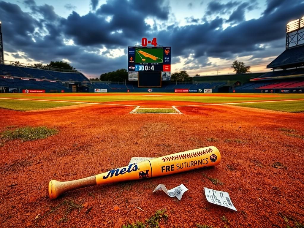 Flick International A desolate baseball field at dusk with New York Mets team colors and a broken bat symbolizing disappointment.