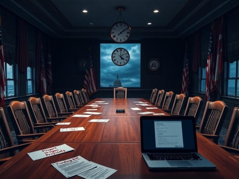 Flick International A dimly lit conference room with empty chairs symbolizes the tension of a potential government shutdown.