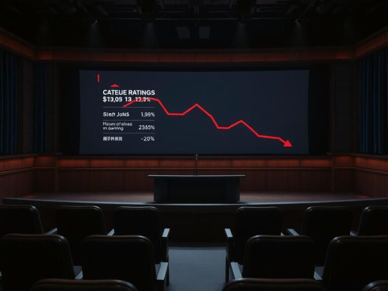 Flick International Dimly lit late-night television studio set with empty desk and microphone symbolizing viewer drop