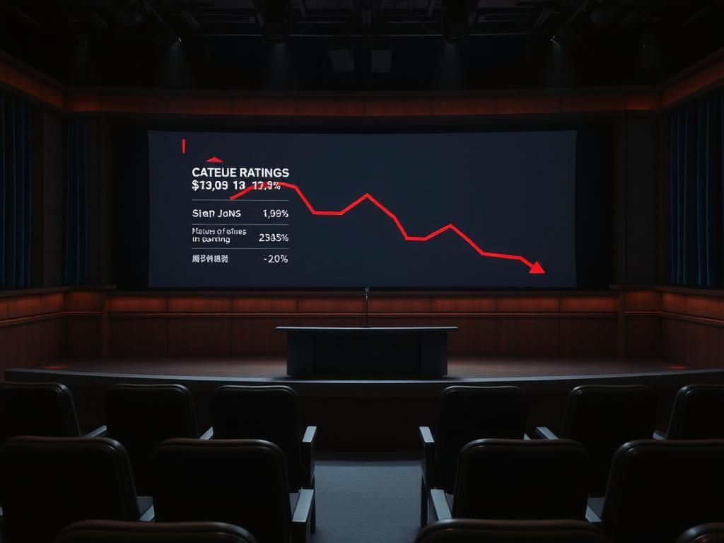 Flick International Dimly lit late-night television studio set with empty desk and microphone symbolizing viewer drop