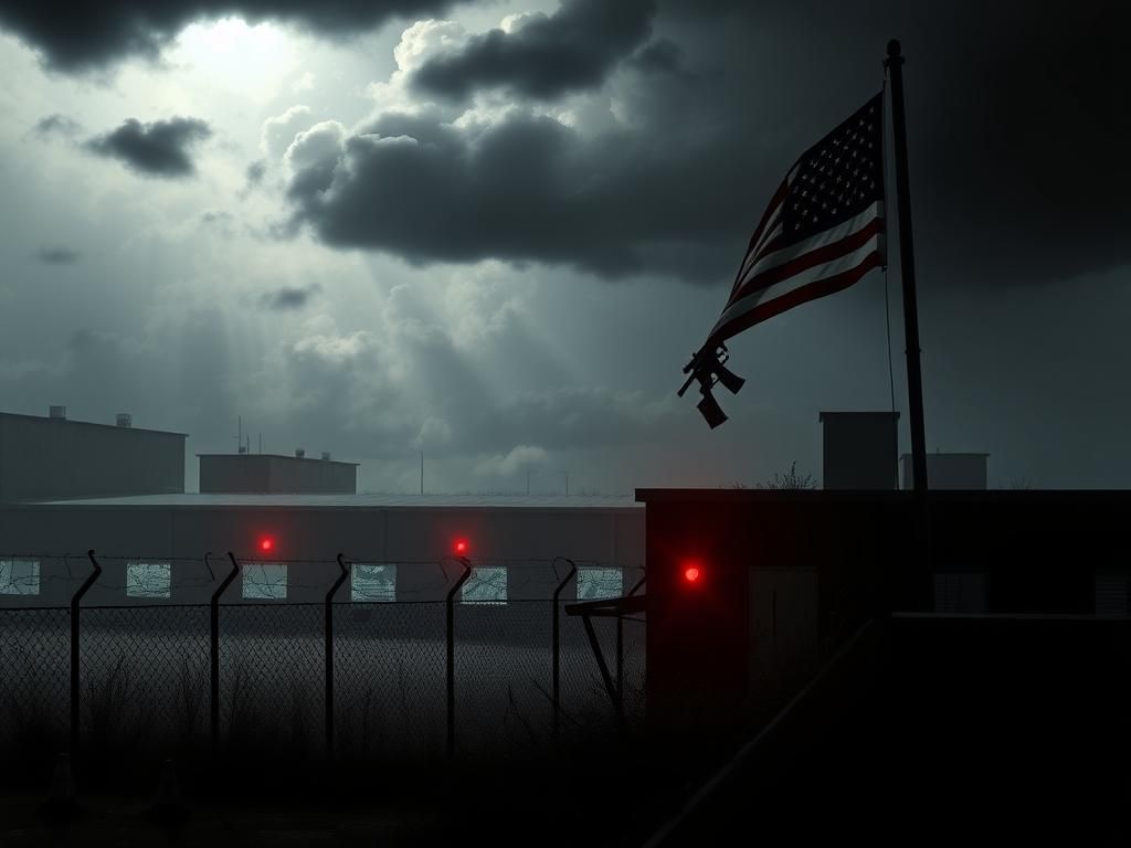 Flick International Abandoned ICE facility with broken windows and a sniper rifle silhouette