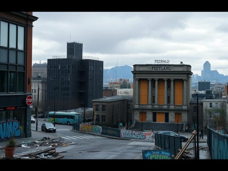Flick International Dystopian cityscape of Portland, Oregon showing aftermath of 2020 unrest