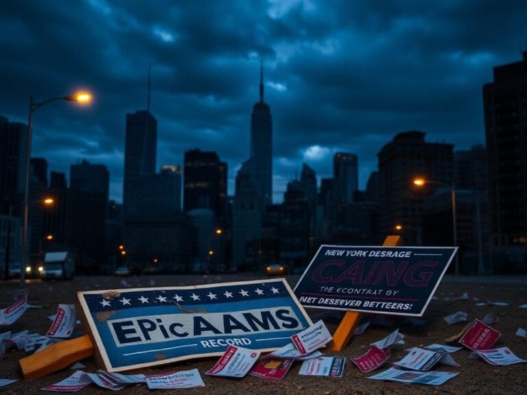 Flick International Abandoned campaign sign for Eric Adams on a dark New York City street during dusk