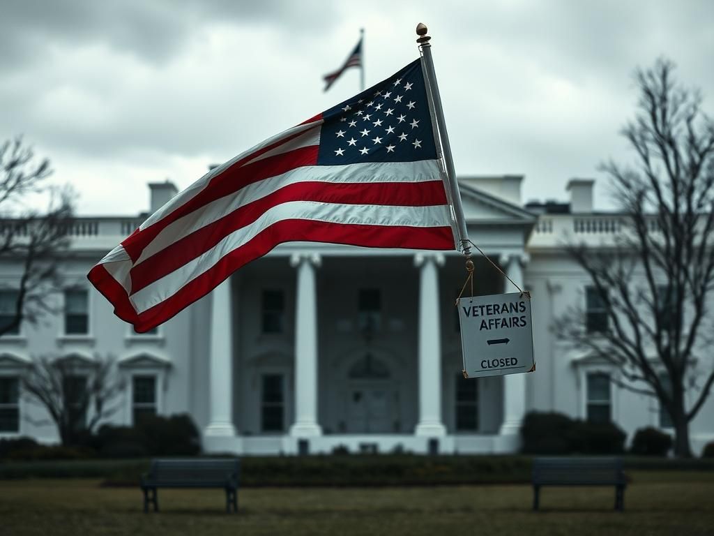 Flick International Exterior view of the White House with a weathered American flag against a cloudy sky representing veterans' services risks
