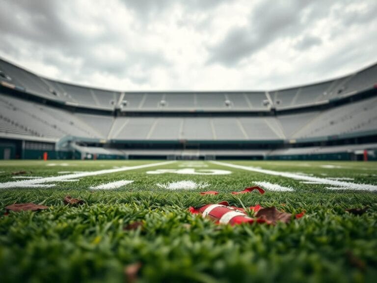 Flick International Close-up view of a worn artificial turf American football field showing signs of damage and a contrasting patch symbolizing a knee injury.