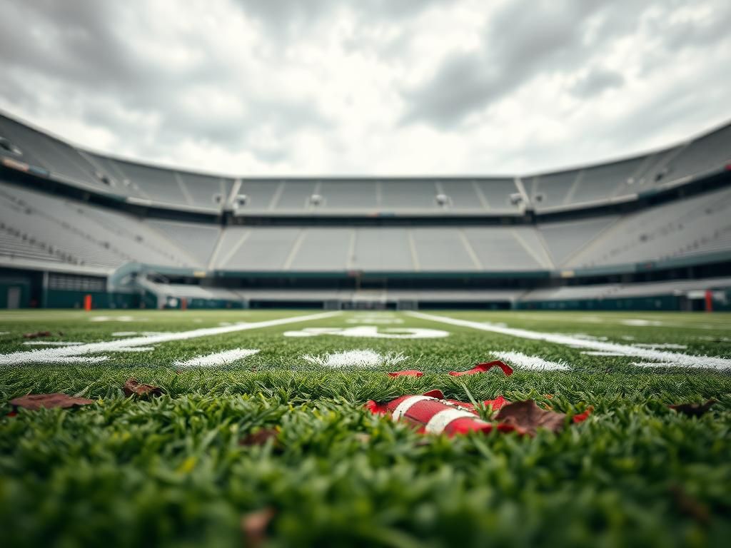 Flick International Close-up view of a worn artificial turf American football field showing signs of damage and a contrasting patch symbolizing a knee injury.