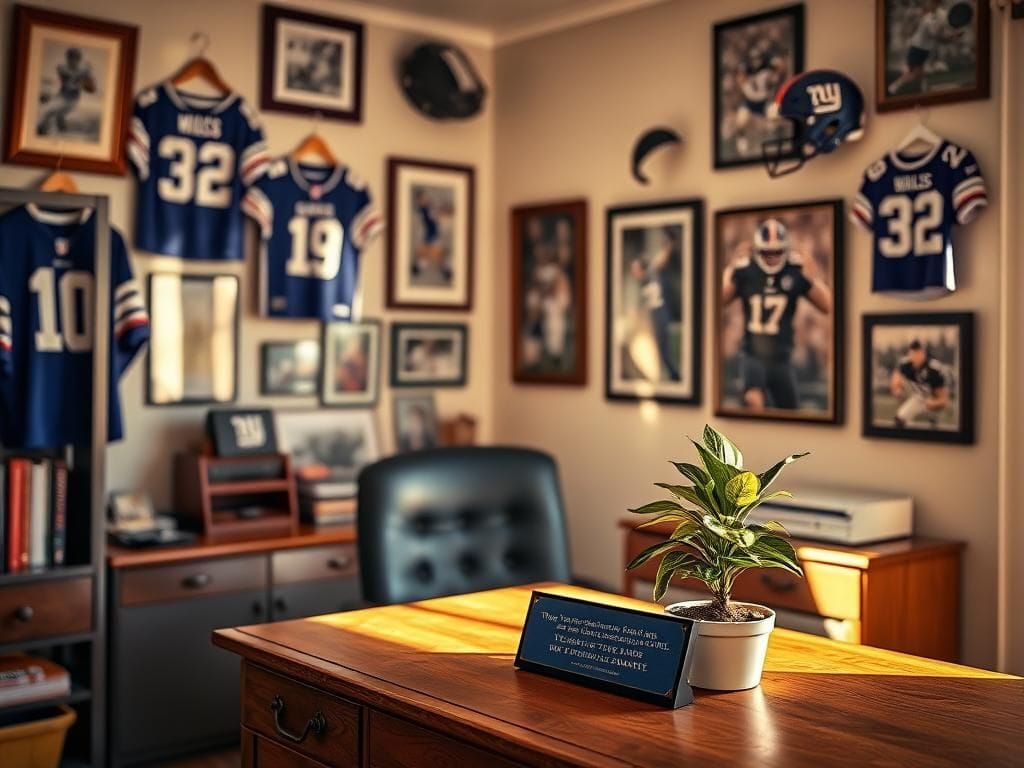 Flick International Cozy office space with New York Giants memorabilia and a motivational quote.