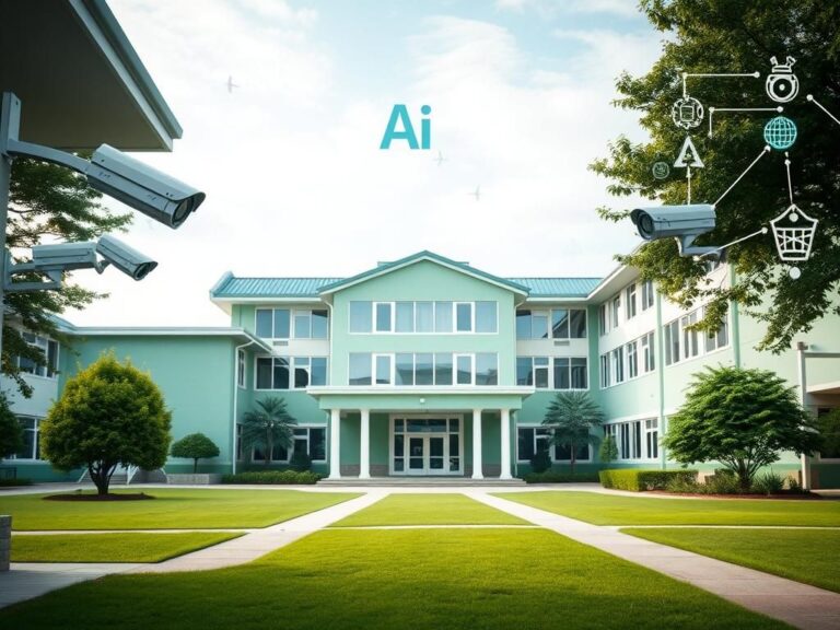 Flick International Modern school exterior with AI security features seamlessly integrated into traditional architecture