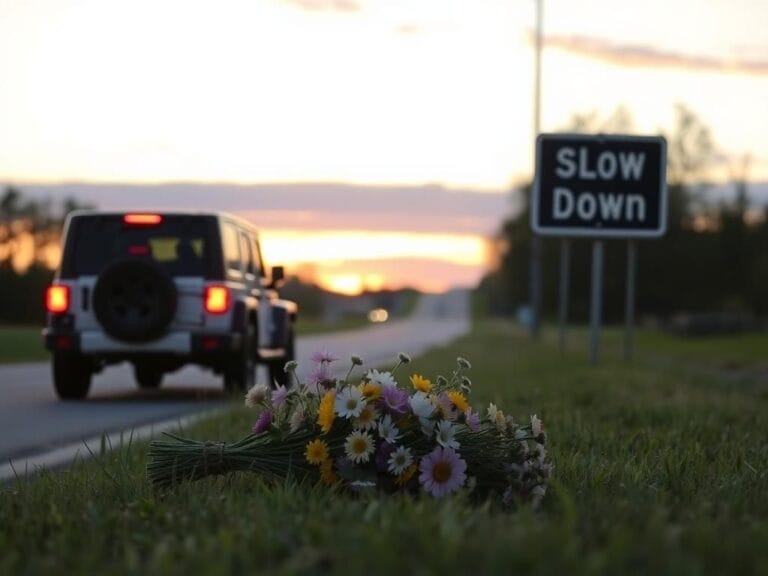 Flick International A quiet roadside scene in Michigan with a Jeep parked, emergency lights flashing, and a bouquet of wildflowers in remembrance.