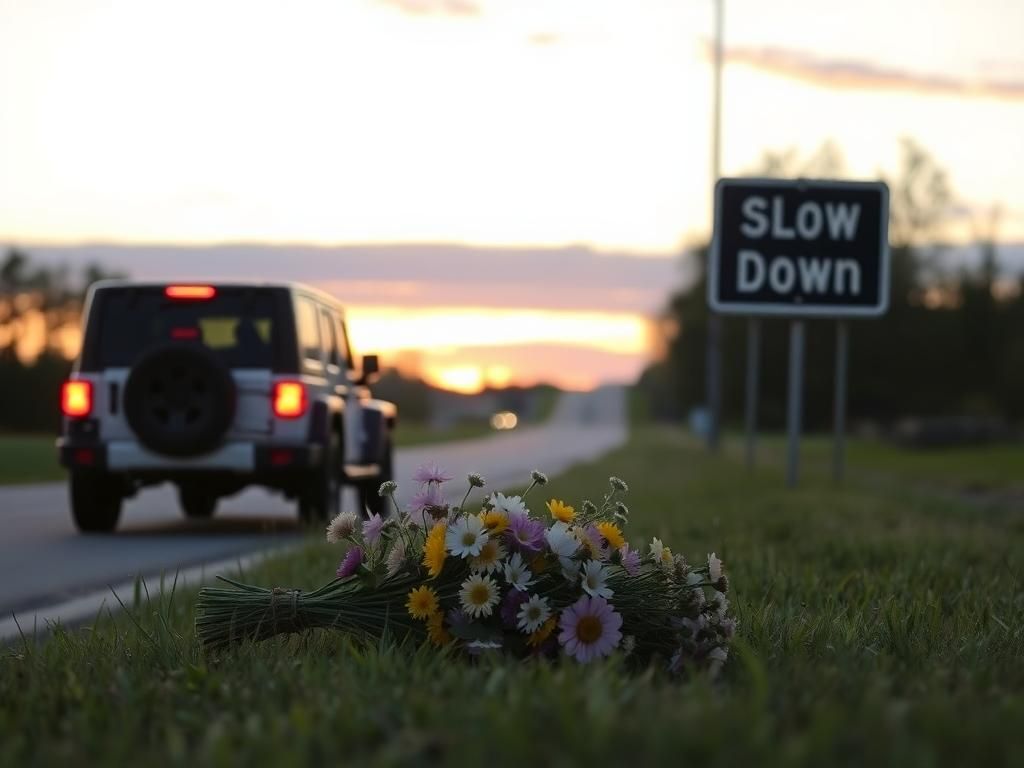 Flick International A quiet roadside scene in Michigan with a Jeep parked, emergency lights flashing, and a bouquet of wildflowers in remembrance.