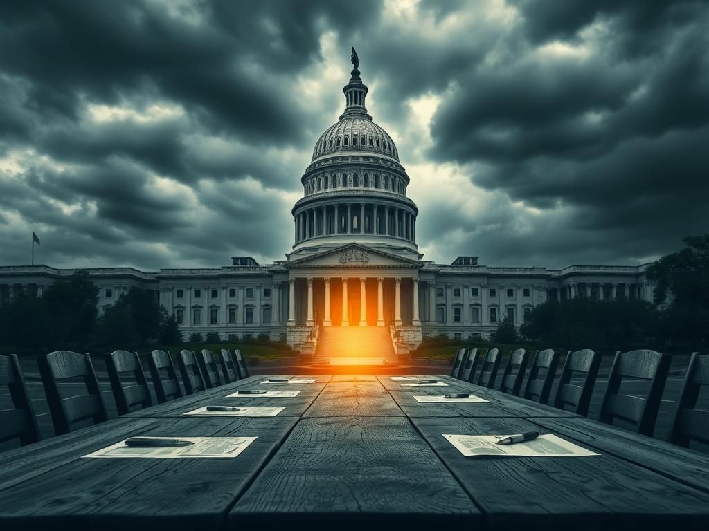 Flick International Dramatic view of the U.S. Capitol surrounded by dark clouds, symbolizing political tension