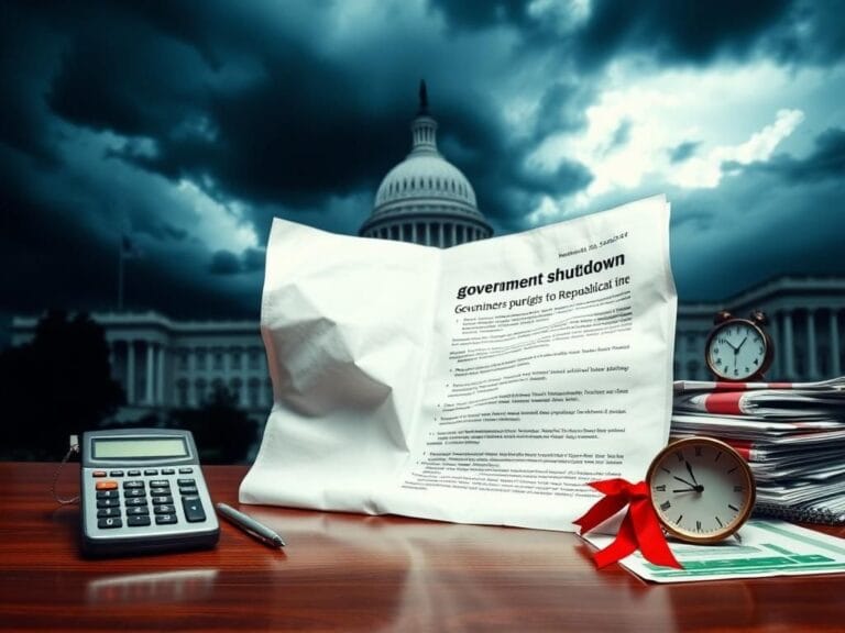 Flick International U.S. Capitol building under storm clouds with legislative documents emphasizing government shutdown threat