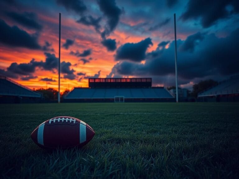 Flick International Empty football field at dusk with goalposts silhouetted against a vibrant sunset