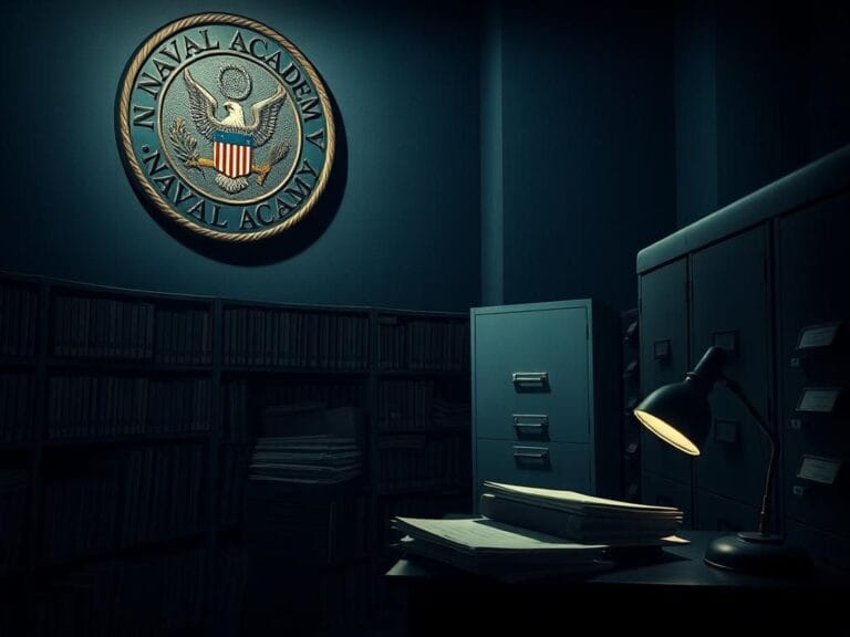 Flick International Dimly lit military archive room filled with organized military records related to Rep. Mikie Sherrill's Naval Academy past