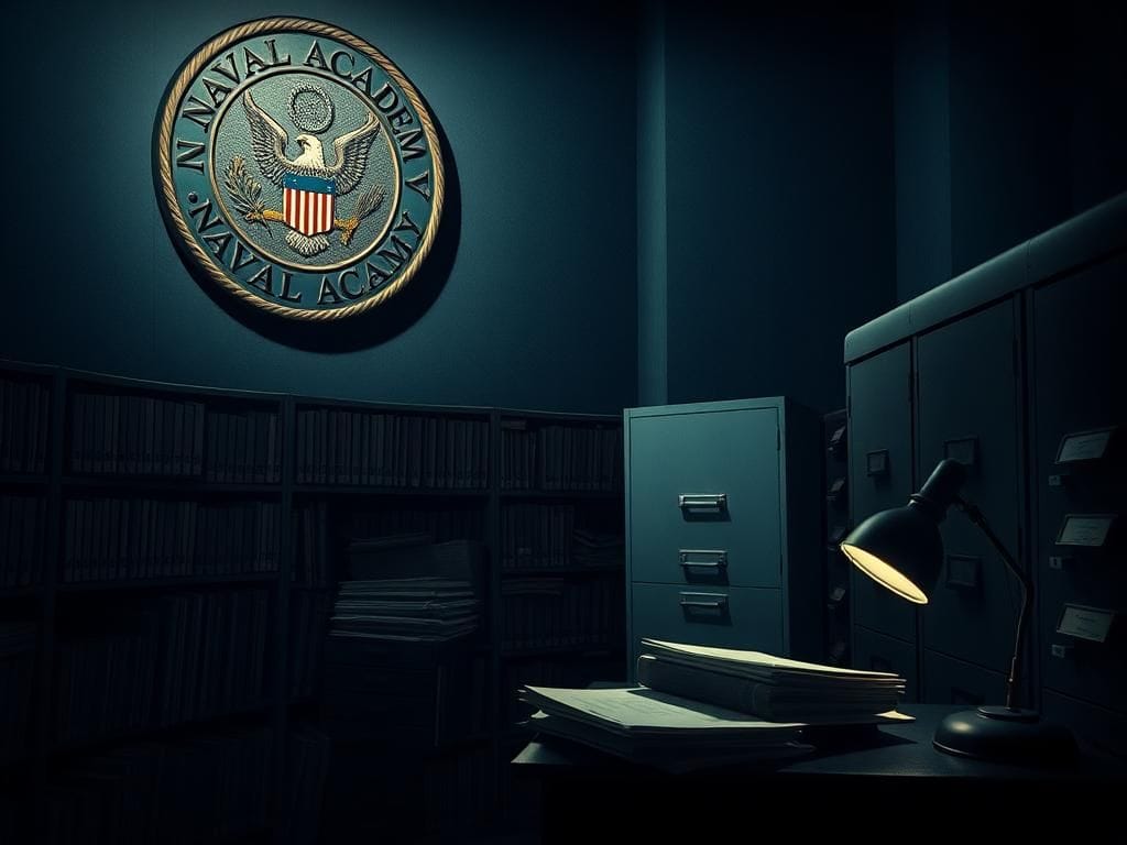 Flick International Dimly lit military archive room filled with organized military records related to Rep. Mikie Sherrill's Naval Academy past