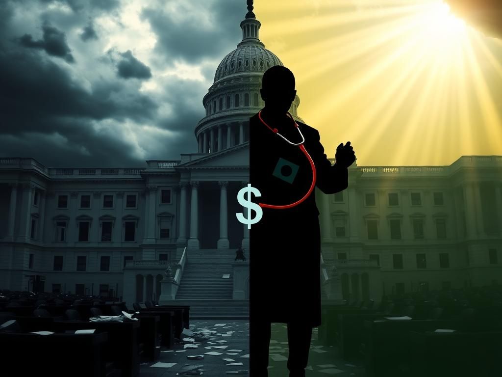 Flick International Split-screen image of the U.S. Capitol illustrating government shutdown struggles with dark storm clouds and hopeful rays of sunlight.