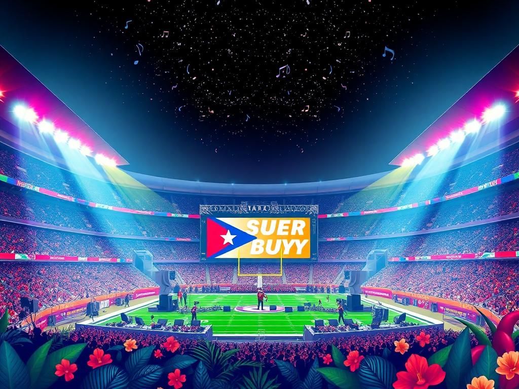 Flick International Vibrant halftime show at the Super Bowl featuring Bad Bunny with colorful lights and musical instruments