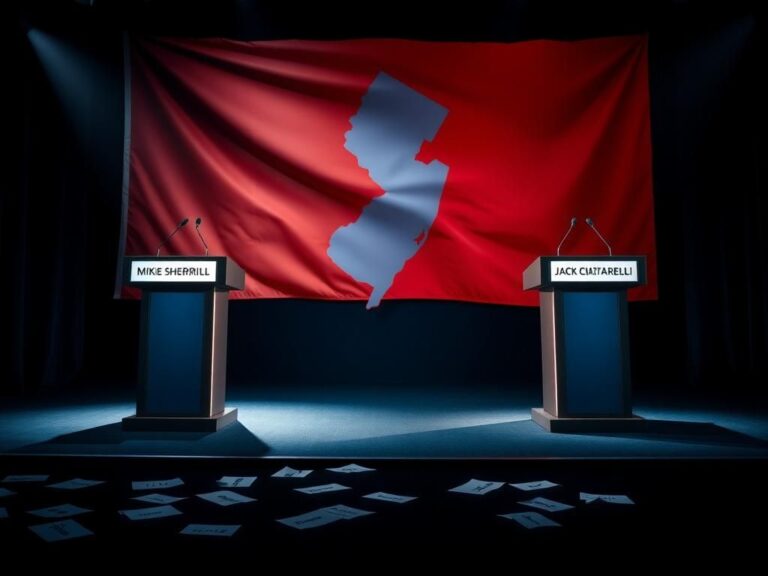 Flick International Dimly lit debate stage showcasing Democrat Mikie Sherrill and Republican Jack Ciattarelli