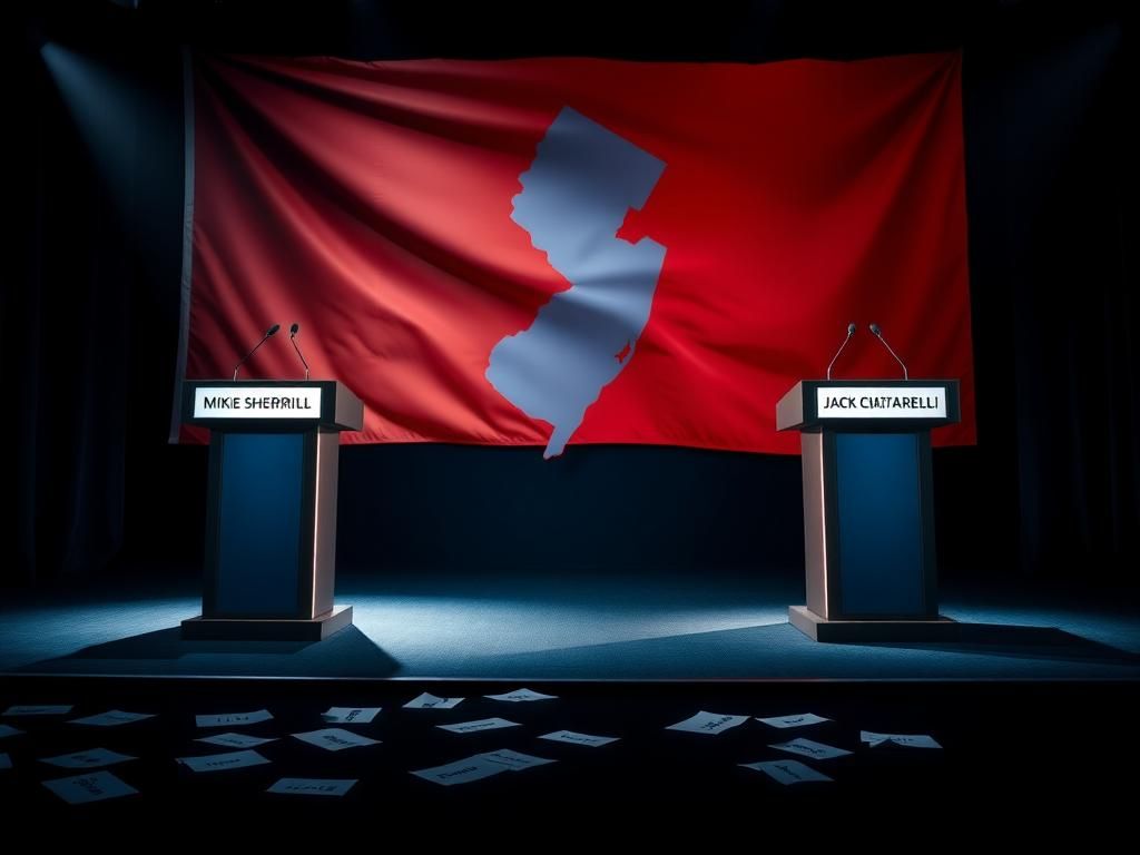 Flick International Dimly lit debate stage showcasing Democrat Mikie Sherrill and Republican Jack Ciattarelli