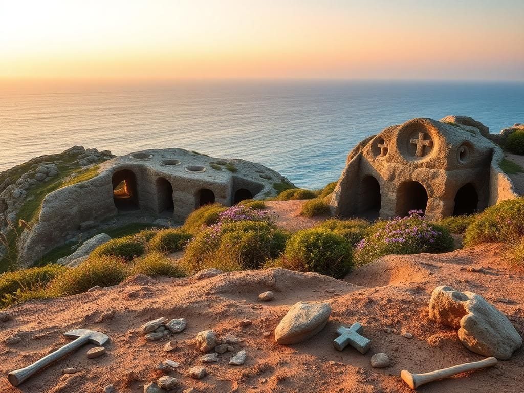 Flick International Scenic view of ancient rock-cut tombs known as 'fairy houses' on Sardinia's coastline