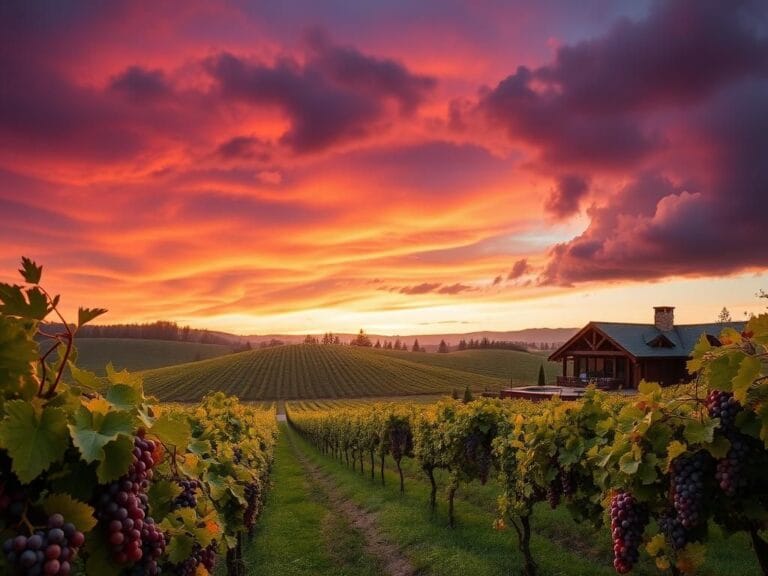 Flick International Serene landscape of Napa Valley showcasing rolling vineyards and a luxurious resort under a vibrant sunset sky