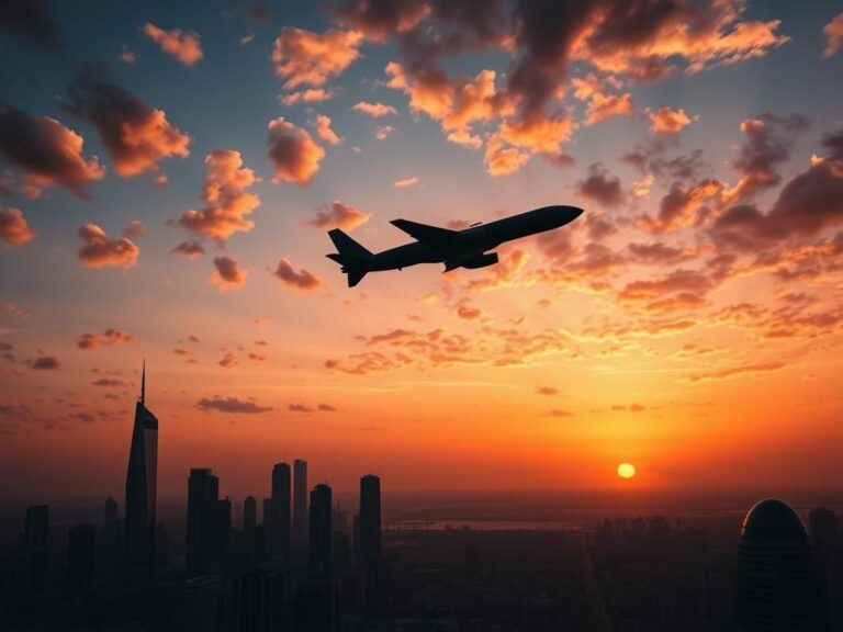 Flick International Aerial view of Doha, Qatar, showcasing skyscrapers and traditional architecture amidst a backdrop of military tension