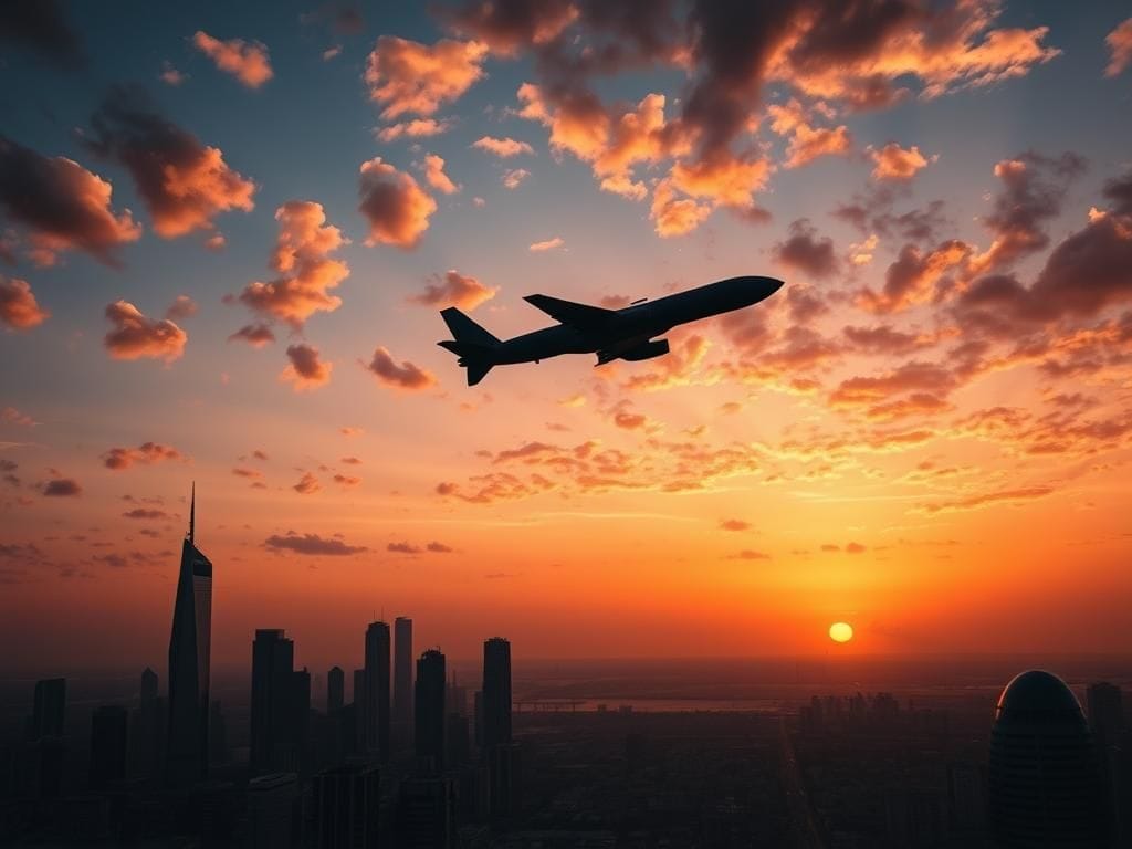 Flick International Aerial view of Doha, Qatar, showcasing skyscrapers and traditional architecture amidst a backdrop of military tension
