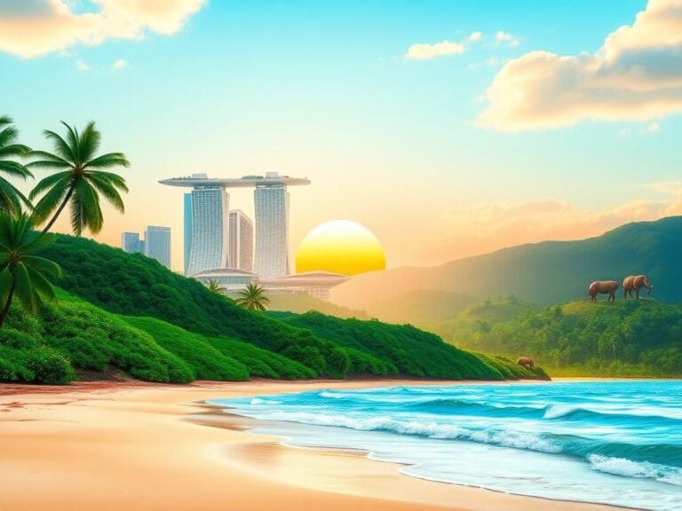 Flick International Lush landscape featuring Costa Rica's green hills, Singapore's skyline, and Panama's beach