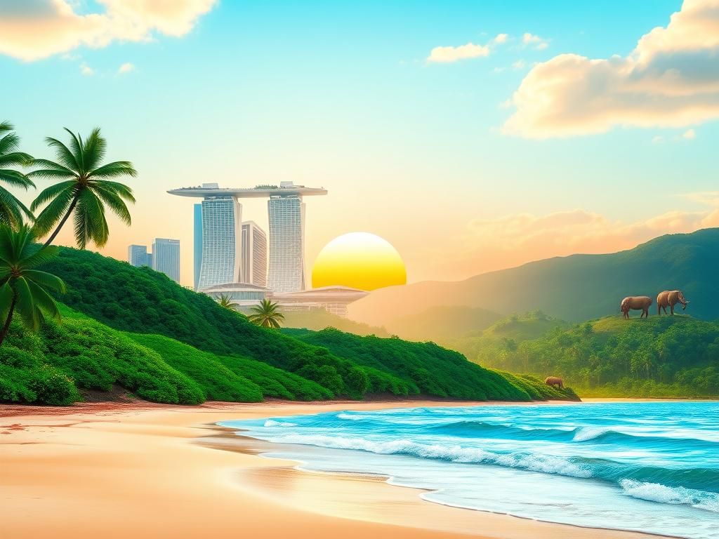 Flick International Lush landscape featuring Costa Rica's green hills, Singapore's skyline, and Panama's beach