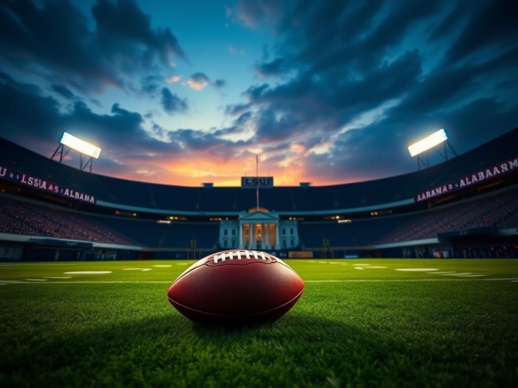 Flick International Empty football stadium under evening skies with Paul Finebaum's college football theme