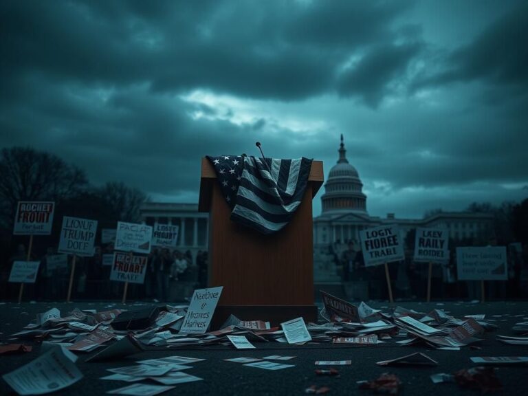 Flick International Stark political rally scene featuring an unattended podium and scattered protest signs.
