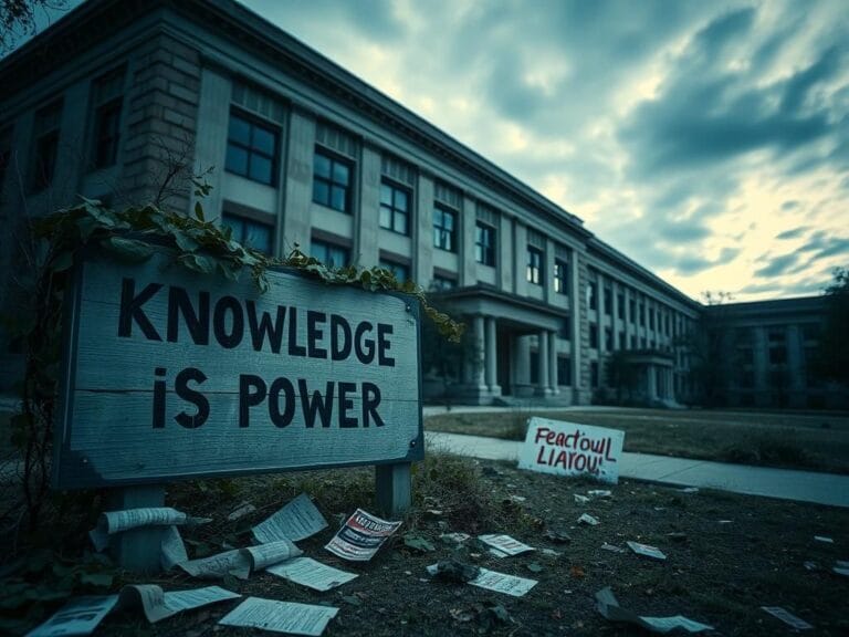 Flick International Abandoned college campus at dusk with imposing lecture hall