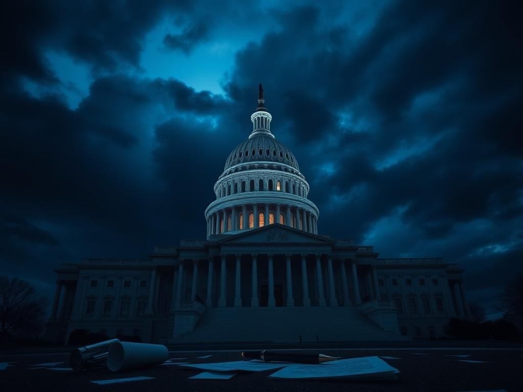 Flick International Tense depiction of the U.S. Capitol building at dusk with dramatic clouds