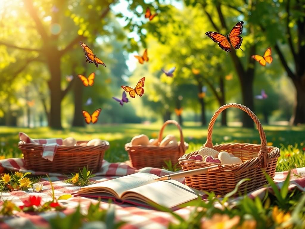 Flick International A dreamy park setting with colorful butterflies and whimsical picnic elements