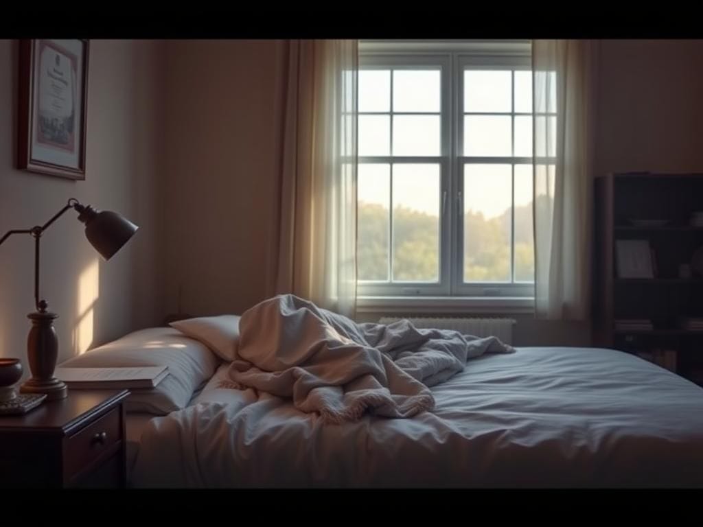 Flick International A serene bedroom scene suggesting the sudden loss of Jessica Aber, featuring an unmade bed and a tranquil morning light.