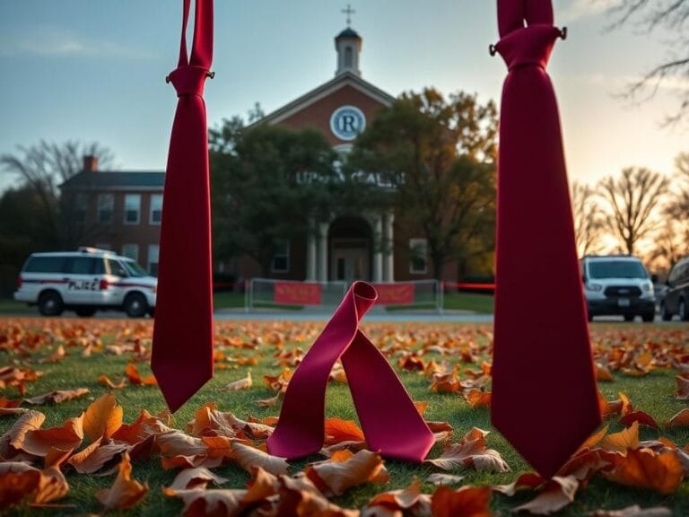 Flick International Peaceful schoolyard scene at Lipscomb Academy featuring red ties intertwined with fallen leaves symbolizing Charlie Kirk