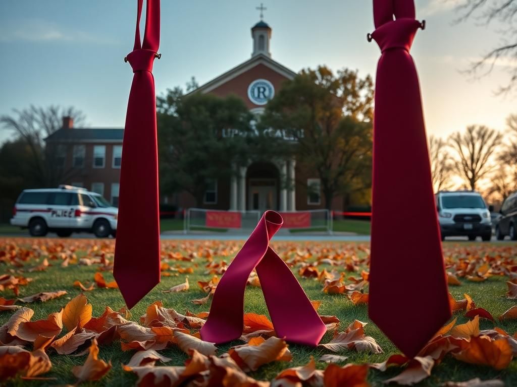 Flick International Peaceful schoolyard scene at Lipscomb Academy featuring red ties intertwined with fallen leaves symbolizing Charlie Kirk