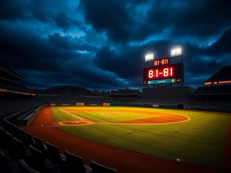 Flick International Dramatic scene of an empty baseball stadium with a scoreboard reading '81-81'