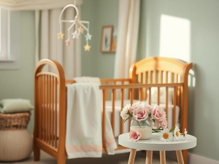 Flick International Cozy nursery setting with wooden crib and breast milk container