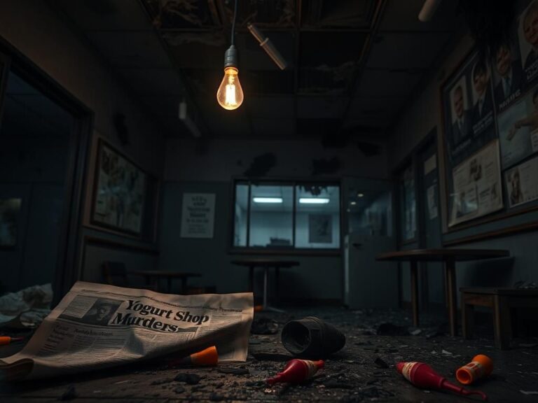 Flick International Abandoned yogurt shop interior with shattered glass and remnants of a fire linked to the Yogurt Shop Murders case.