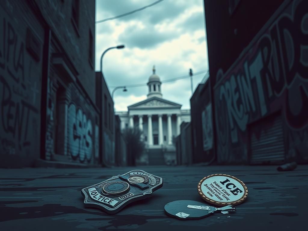 Flick International Dimly lit urban alleyway showcasing societal issues related to immigration and justice