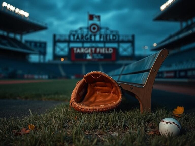 Flick International A worn-out baseball glove on a wooden bench in an empty stadium