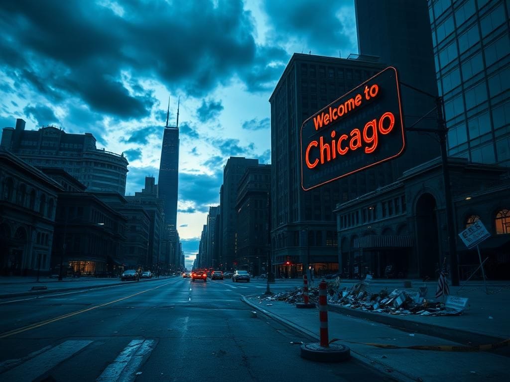 Flick International Urban landscape of Chicago at dusk showing iconic architecture juxtaposed with remnants of violence