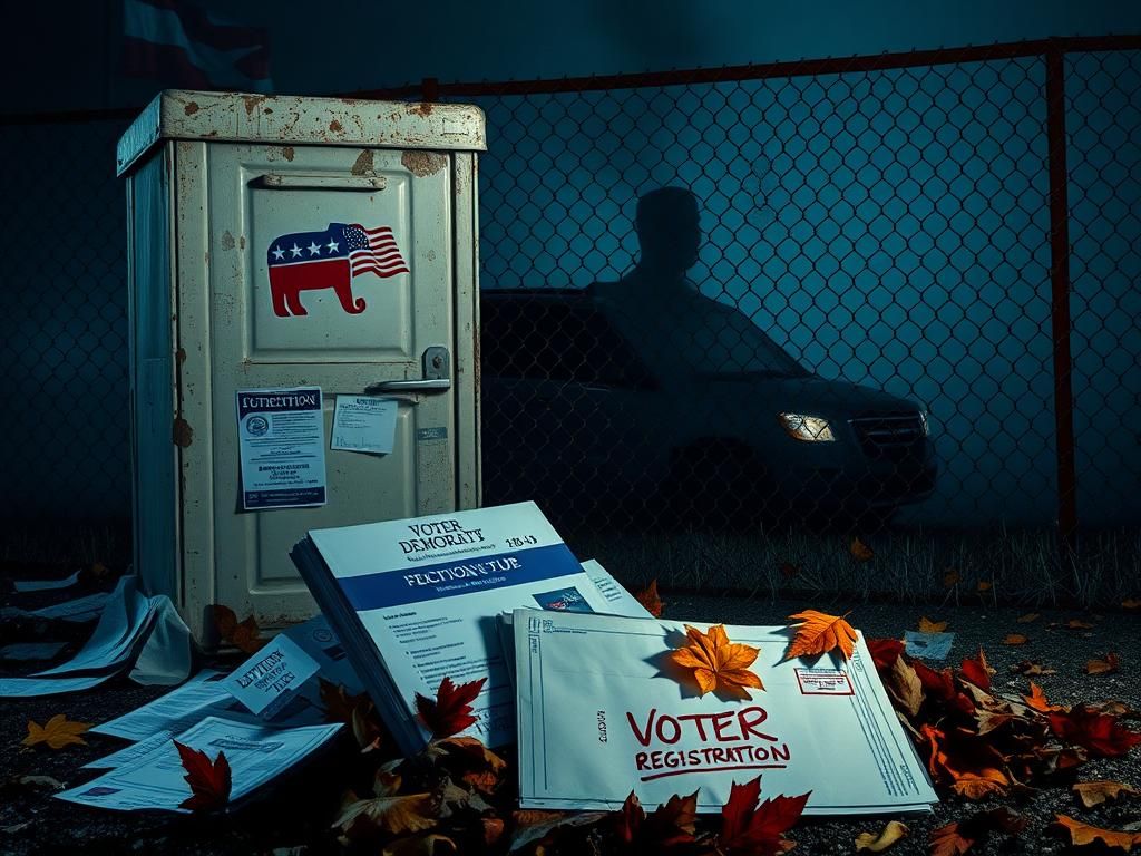 Flick International Weathered voting booth with Democratic Party logo surrounded by ballots and election flyers