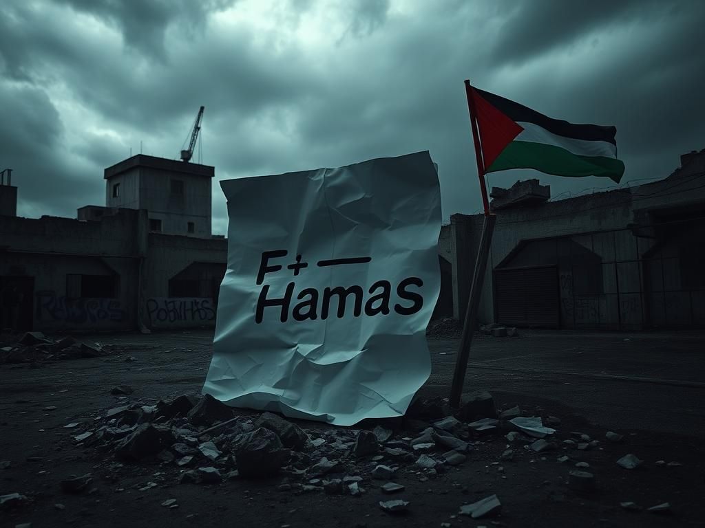Flick International Dark urban landscape featuring a crumpled anti-Hamas meme surrounded by debris