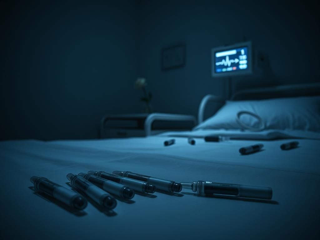Flick International Dimly lit hospital room with an empty bed and insulin pens.