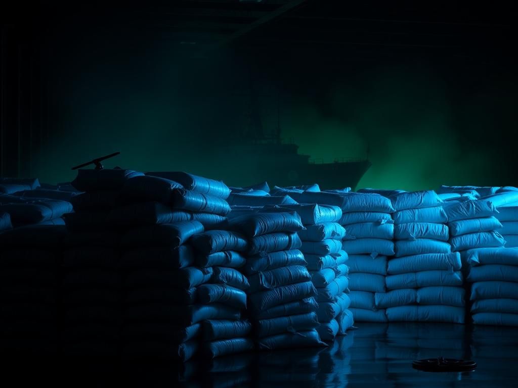 Flick International A massive haul of tightly packed cocaine bales in a dimly lit warehouse, showcasing the scale of drug trafficking.