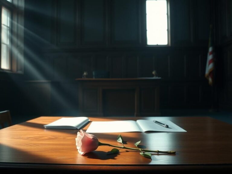 Flick International Somber courtroom scene with an empty witness stand and a pink rose on the ground